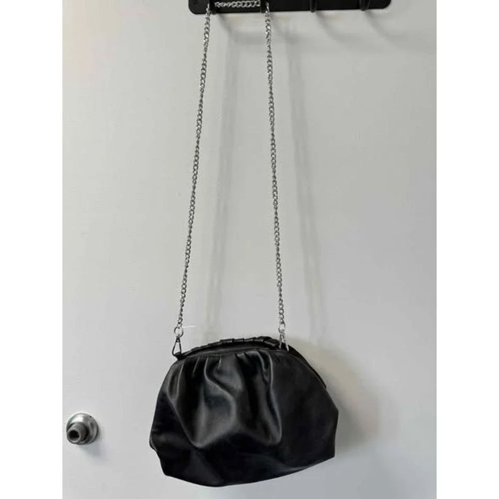 Black Ruched‎ Clutch Bag with Silver Chain Strap Evening Party Purse